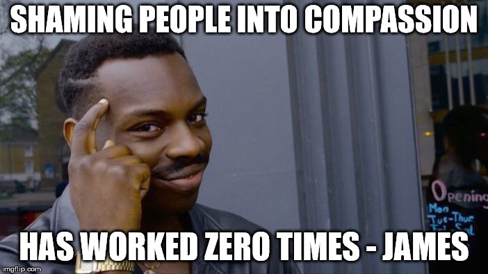 Roll Safe Think About It Meme | SHAMING PEOPLE INTO COMPASSION; HAS WORKED ZERO TIMES - JAMES | image tagged in memes,roll safe think about it | made w/ Imgflip meme maker