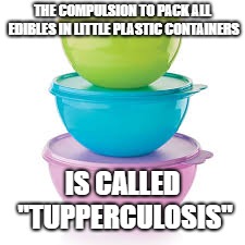 Food hoarding has a name | THE COMPULSION TO PACK ALL EDIBLES IN LITTLE PLASTIC CONTAINERS; IS CALLED "TUPPERCULOSIS" | image tagged in tupperware,don't touch my food,write your name on it | made w/ Imgflip meme maker