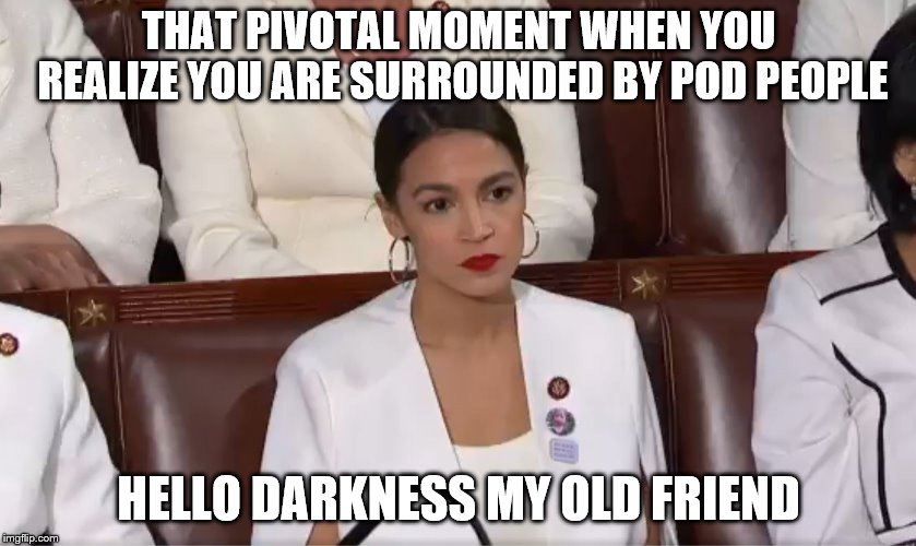 Alexandria Ocasio-Cortez | THAT PIVOTAL MOMENT WHEN YOU REALIZE YOU ARE SURROUNDED BY POD PEOPLE; HELLO DARKNESS MY OLD FRIEND | image tagged in alexandria ocasio-cortez | made w/ Imgflip meme maker