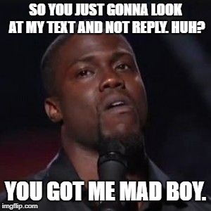 Not replying to a text. | SO YOU JUST GONNA LOOK AT MY TEXT AND NOT REPLY. HUH? YOU GOT ME MAD BOY. | image tagged in text,mad,reply,memes | made w/ Imgflip meme maker