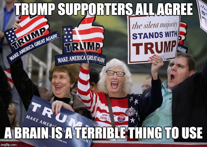 Trump Supporter | TRUMP SUPPORTERS ALL AGREE; A BRAIN IS A TERRIBLE THING TO USE | image tagged in trump supporter | made w/ Imgflip meme maker