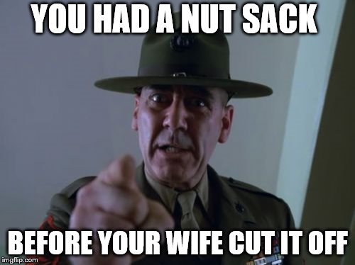 Sergeant Hartmann | YOU HAD A NUT SACK; BEFORE YOUR WIFE CUT IT OFF | image tagged in memes,sergeant hartmann | made w/ Imgflip meme maker