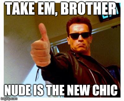 terminator thumbs up | TAKE EM, BROTHER NUDE IS THE NEW CHIC | image tagged in terminator thumbs up | made w/ Imgflip meme maker