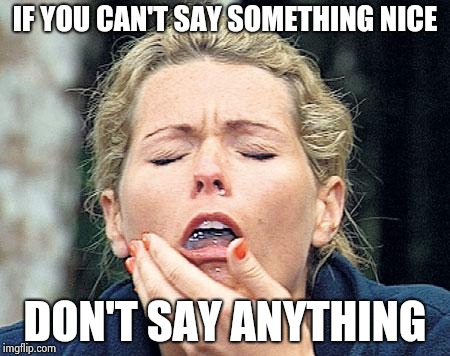 Gagging | IF YOU CAN'T SAY SOMETHING NICE DON'T SAY ANYTHING | image tagged in gagging | made w/ Imgflip meme maker