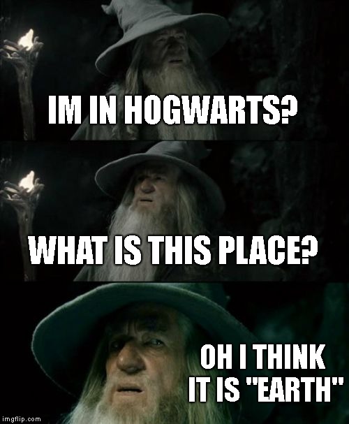 Confused Gandalf Meme | IM IN HOGWARTS? WHAT IS THIS PLACE? OH I THINK IT IS "EARTH" | image tagged in memes,confused gandalf | made w/ Imgflip meme maker