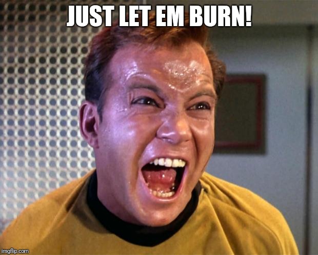 Captain Kirk Screaming | JUST LET EM BURN! | image tagged in captain kirk screaming | made w/ Imgflip meme maker