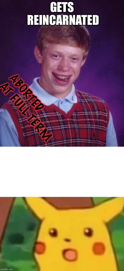 GETS REINCARNATED ABORTED AT FULL TERM | image tagged in memes,bad luck brian,surprised pikachu | made w/ Imgflip meme maker