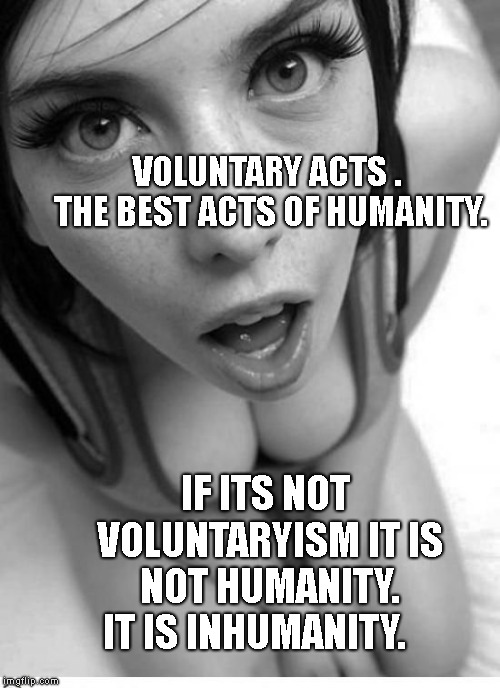 Assuming position | VOLUNTARY ACTS .  THE BEST ACTS OF HUMANITY. IF ITS NOT VOLUNTARYISM IT IS NOT HUMANITY. IT IS INHUMANITY. | image tagged in assuming position | made w/ Imgflip meme maker