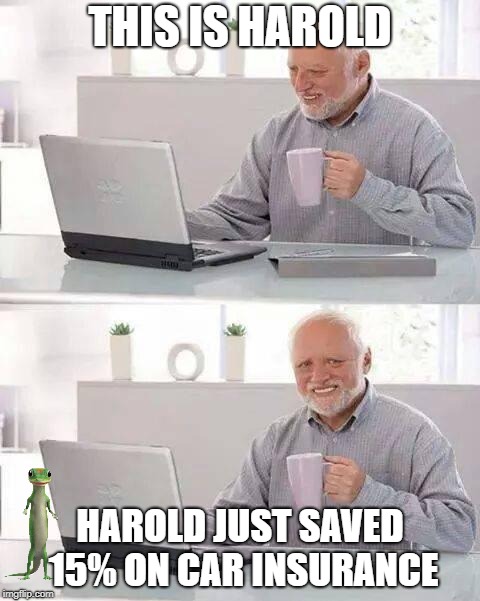 Hide the Pain Harold | THIS IS HAROLD; HAROLD JUST SAVED 15% ON CAR INSURANCE | image tagged in memes,hide the pain harold | made w/ Imgflip meme maker