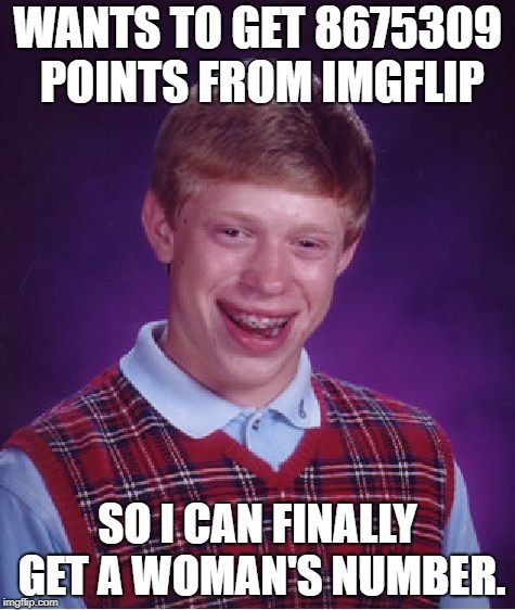 Bad Luck Brian |  WANTS TO GET 8675309 POINTS FROM IMGFLIP; SO I CAN FINALLY GET A WOMAN'S NUMBER. | image tagged in memes,bad luck brian | made w/ Imgflip meme maker