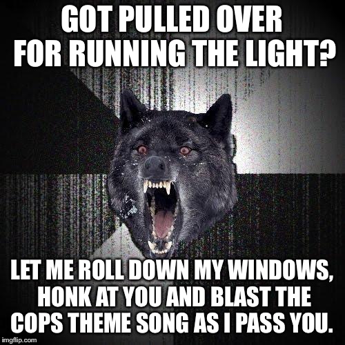 Insanity Wolf | GOT PULLED OVER FOR RUNNING THE LIGHT? LET ME ROLL DOWN MY WINDOWS, HONK AT YOU AND BLAST THE COPS THEME SONG AS I PASS YOU. | image tagged in memes,insanity wolf,AdviceAnimals | made w/ Imgflip meme maker
