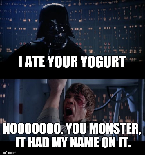 Star Wars No | I ATE YOUR YOGURT; NOOOOOOO. YOU MONSTER, IT HAD MY NAME ON IT. | image tagged in memes,star wars no | made w/ Imgflip meme maker