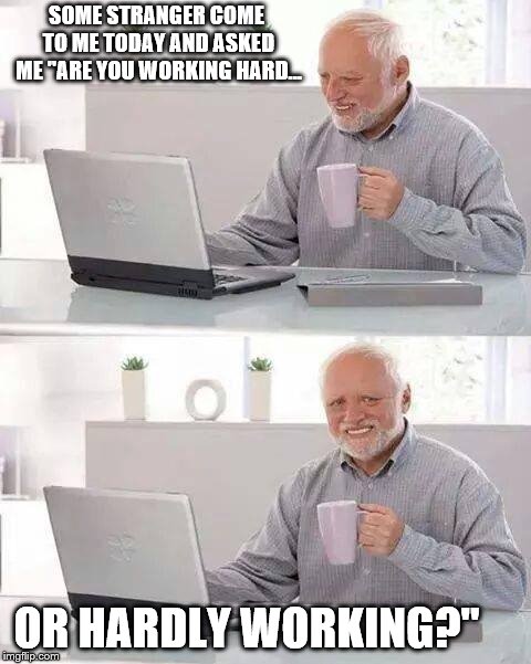 Hide the Pain Harold | SOME STRANGER COME TO ME TODAY AND ASKED ME "ARE YOU WORKING HARD... OR HARDLY WORKING?" | image tagged in memes,hide the pain harold | made w/ Imgflip meme maker