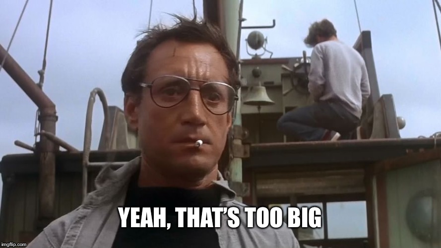 Going to need a bigger boat | YEAH, THAT’S TOO BIG | image tagged in going to need a bigger boat | made w/ Imgflip meme maker