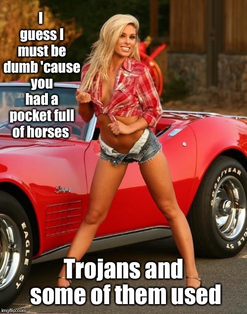 I guess I must be dumb
'cause you had a pocket full of horses Trojans and some of them used | made w/ Imgflip meme maker