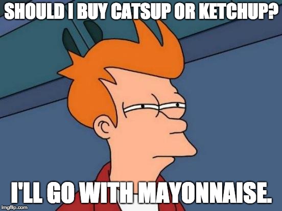 Futurama Fry | SHOULD I BUY CATSUP OR KETCHUP? I'LL GO WITH MAYONNAISE. | image tagged in memes,futurama fry | made w/ Imgflip meme maker