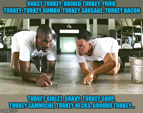 ROAST TURKEY, BRINED TURKEY, FRIED TURKEY, TURKEY GUMBO, TURKEY SAUSAGE, TURKEY BACON TURKEY GIBLET, GRAVY, TURKEY SOUP, TURKEY SAMMICHE, TU | made w/ Imgflip meme maker