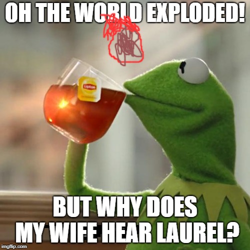 But That's None Of My Business | OH THE WORLD EXPLODED! BUT WHY DOES MY WIFE HEAR LAUREL? | image tagged in memes,but thats none of my business,kermit the frog | made w/ Imgflip meme maker