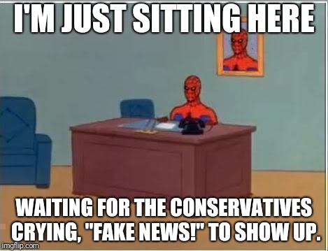 Spiderman Computer Desk Meme | I'M JUST SITTING HERE WAITING FOR THE CONSERVATIVES CRYING, "FAKE NEWS!" TO SHOW UP. | image tagged in memes,spiderman computer desk,spiderman | made w/ Imgflip meme maker