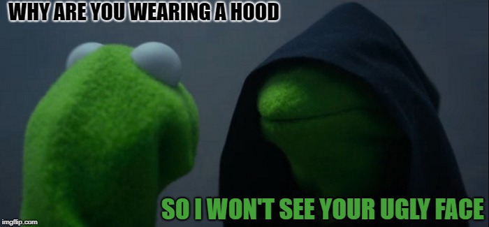 Savage Kermit | WHY ARE YOU WEARING A HOOD; SO I WON'T SEE YOUR UGLY FACE | image tagged in memes,evil kermit,savage,roast,kermit,hood | made w/ Imgflip meme maker