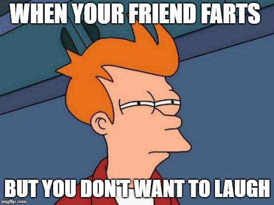 Futurama Fry Meme | WHEN YOUR FRIEND FARTS; BUT YOU DON'T WANT TO LAUGH | image tagged in memes,futurama fry | made w/ Imgflip meme maker