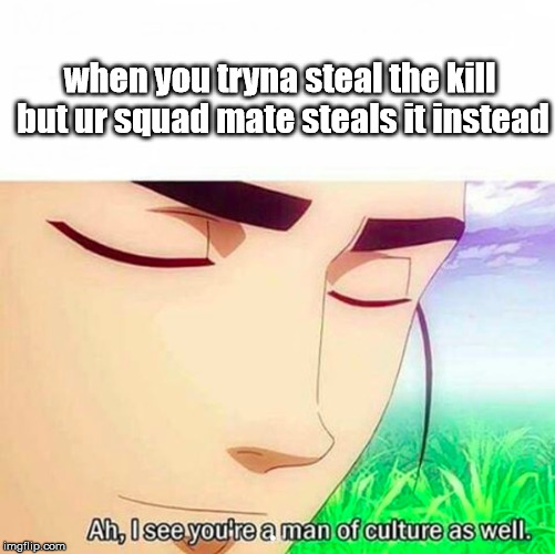 Ah,I see you are a man of culture as well | when you tryna steal the kill but ur squad mate steals it instead | image tagged in ah i see you are a man of culture as well | made w/ Imgflip meme maker