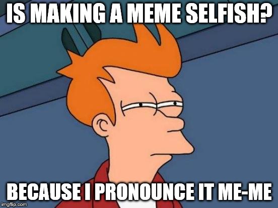 There's no I in meme | IS MAKING A MEME SELFISH? BECAUSE I PRONOUNCE IT ME-ME | image tagged in memes,futurama fry | made w/ Imgflip meme maker