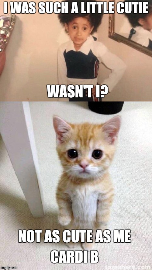 Who was cuter? | I WAS SUCH A LITTLE CUTIE; WASN'T I? NOT AS CUTE AS ME; CARDI B | image tagged in memes,cute cat,young cardi b,cute | made w/ Imgflip meme maker