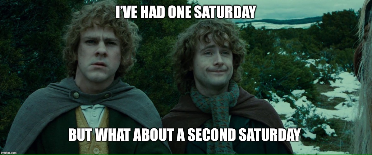 Lord of the Rings LOTR Elevenses | I’VE HAD ONE SATURDAY; BUT WHAT ABOUT A SECOND SATURDAY | image tagged in lord of the rings lotr elevenses,AdviceAnimals | made w/ Imgflip meme maker