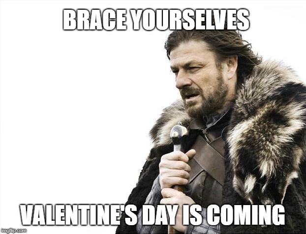 Brace Yourselves X is Coming | BRACE YOURSELVES; VALENTINE'S DAY IS COMING | image tagged in memes,brace yourselves x is coming | made w/ Imgflip meme maker
