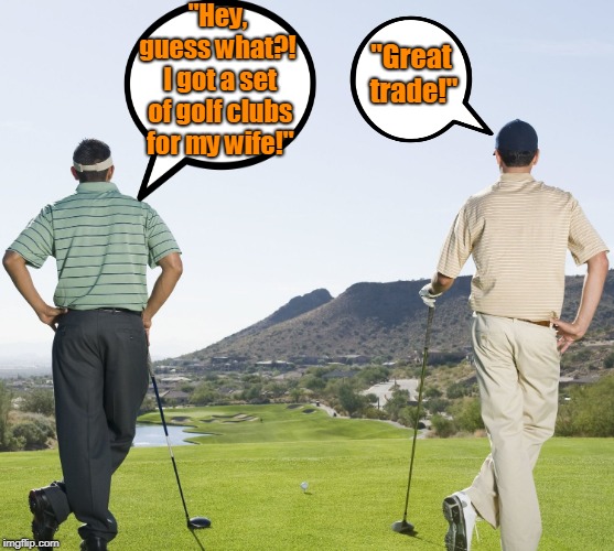 Golf club |  "Hey, guess what?!  I got a set of golf clubs for my wife!"; "Great trade!" | image tagged in sports | made w/ Imgflip meme maker