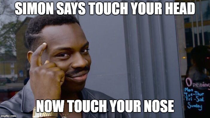 Roll Safe Think About It Meme | SIMON SAYS TOUCH YOUR HEAD; NOW TOUCH YOUR NOSE | image tagged in memes,roll safe think about it | made w/ Imgflip meme maker