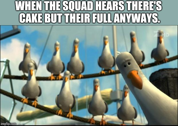 Nemo Seagulls Mine | WHEN THE SQUAD HEARS THERE'S CAKE BUT THEIR FULL ANYWAYS. | image tagged in nemo seagulls mine | made w/ Imgflip meme maker