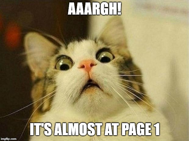 Scared Cat Meme | AAARGH! IT'S ALMOST AT PAGE 1 | image tagged in memes,scared cat | made w/ Imgflip meme maker