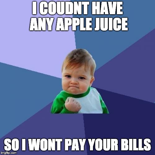 Success Kid | I COUDNT HAVE ANY APPLE JUICE; SO I WONT PAY YOUR BILLS | image tagged in memes,success kid | made w/ Imgflip meme maker