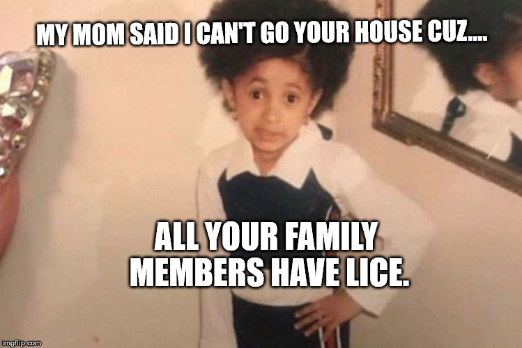 Young Cardi B Meme | MY MOM SAID I CAN'T GO YOUR HOUSE CUZ.... ALL YOUR FAMILY MEMBERS HAVE LICE. | image tagged in memes,young cardi b | made w/ Imgflip meme maker