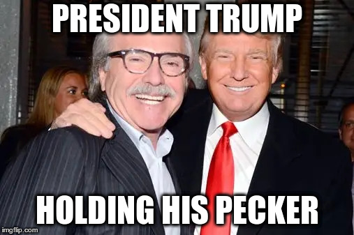 Blackmailing in service of the President? | PRESIDENT TRUMP; HOLDING HIS PECKER | image tagged in humor,trump,david pecker,national enquirer,blackmail,corruption | made w/ Imgflip meme maker