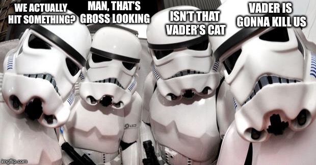Stormtroopers | MAN, THAT’S GROSS LOOKING; ISN’T THAT VADER’S CAT; VADER IS GONNA KILL US; WE ACTUALLY HIT SOMETHING? | image tagged in stormtroopers | made w/ Imgflip meme maker