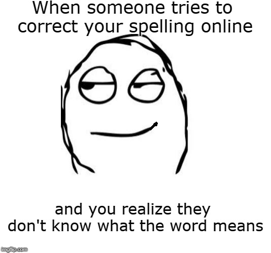Smirk | When someone tries to correct your spelling online; and you realize they don't know what the word means | image tagged in smugness,spelling police,smirk | made w/ Imgflip meme maker