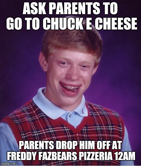 Chuck E Cheese Please! | ASK PARENTS TO GO TO CHUCK E CHEESE PARENTS DROP HIM OFF AT FREDDY FAZBEARS PIZZERIA 12AM | image tagged in memes,bad luck brian,chuck e cheese,fnaf | made w/ Imgflip meme maker