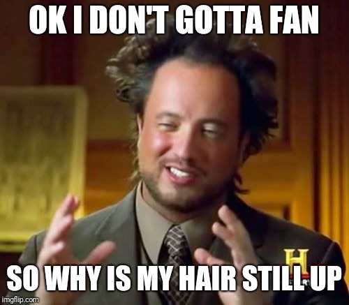 Ancient Aliens Meme | OK I DON'T GOTTA FAN; SO WHY IS MY HAIR STILL UP | image tagged in memes,ancient aliens | made w/ Imgflip meme maker