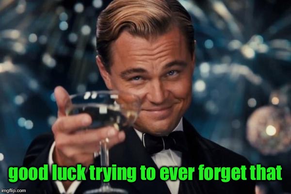 Leonardo Dicaprio Cheers Meme | good luck trying to ever forget that | image tagged in memes,leonardo dicaprio cheers | made w/ Imgflip meme maker