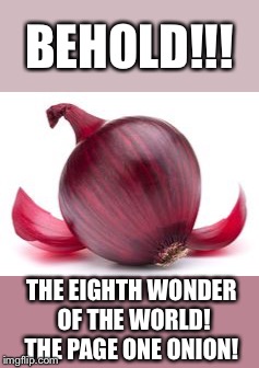 My shameless attempt to make it to page one. Please take pity on me. | BEHOLD!!! THE EIGHTH WONDER OF THE WORLD! THE PAGE ONE ONION! | image tagged in this onion won't make me cry,onion,frontpage,front page plz,pathetic,grumpy cat | made w/ Imgflip meme maker