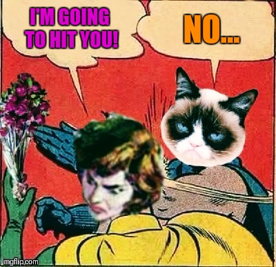 Unbeatable Grump | NO... I'M GOING TO HIT YOU! | image tagged in memes,funny,grumpy cat,beaten with roses,batman slapping robin,44colt | made w/ Imgflip meme maker
