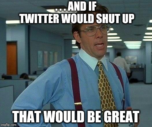 That Would Be Great Meme | . . . AND IF TWITTER WOULD SHUT UP THAT WOULD BE GREAT | image tagged in memes,that would be great | made w/ Imgflip meme maker