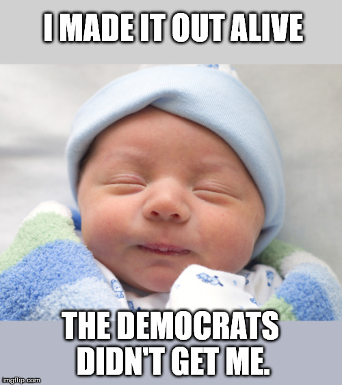 I MADE IT OUT ALIVE; THE DEMOCRATS DIDN'T GET ME. | image tagged in newborn | made w/ Imgflip meme maker