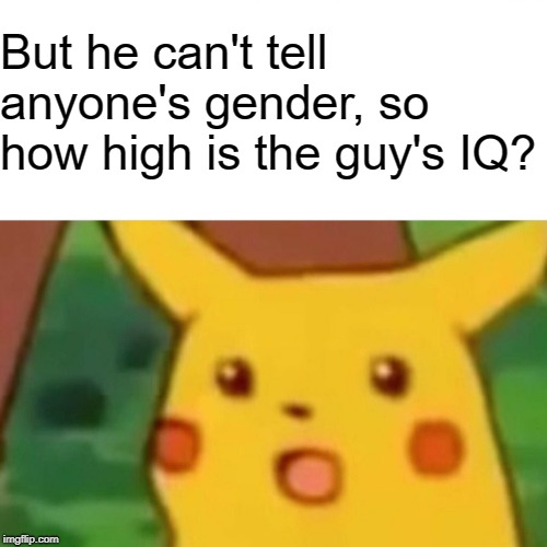 Surprised Pikachu Meme | But he can't tell anyone's gender, so how high is the guy's IQ? | image tagged in memes,surprised pikachu | made w/ Imgflip meme maker