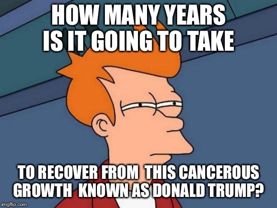 Futurama Fry | HOW MANY YEARS IS IT GOING TO TAKE; TO RECOVER FROM  THIS CANCEROUS GROWTH  KNOWN AS DONALD TRUMP? | image tagged in memes,futurama fry | made w/ Imgflip meme maker