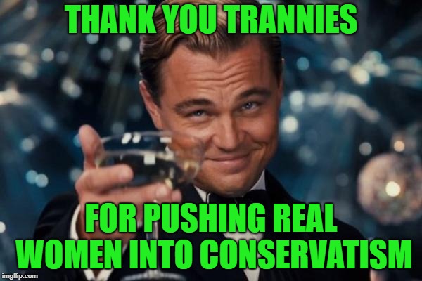 Leonardo Dicaprio Cheers | THANK YOU TRANNIES; FOR PUSHING REAL WOMEN INTO CONSERVATISM | image tagged in memes,leonardo dicaprio cheers | made w/ Imgflip meme maker