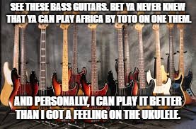 Bass guitars | SEE THESE BASS GUITARS. BET YA NEVER KNEW THAT YA CAN PLAY AFRICA BY TOTO ON ONE THEM. AND PERSONALLY, I CAN PLAY IT BETTER THAN I GOT A FEELING ON THE UKULELE. | image tagged in bass guitars | made w/ Imgflip meme maker
